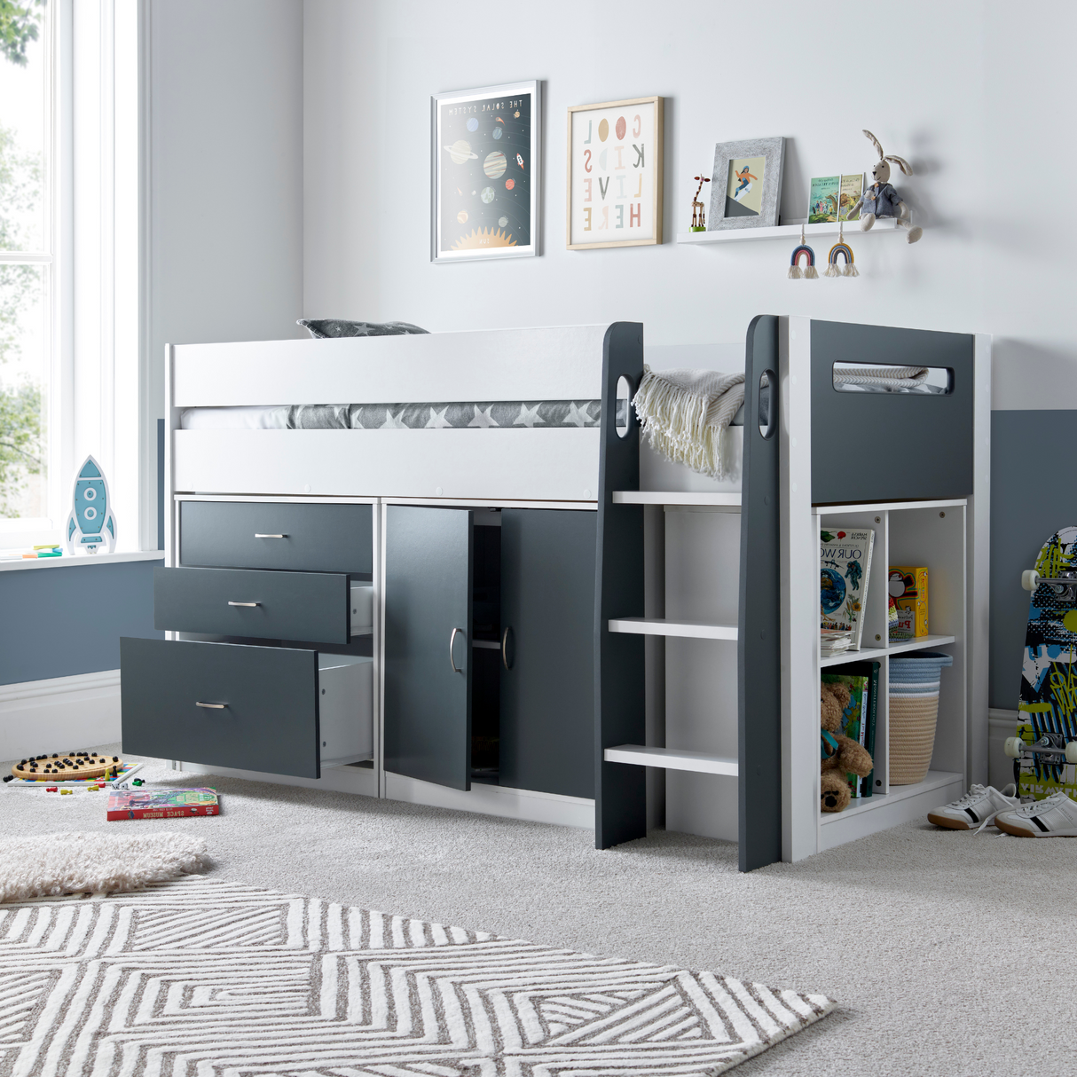 Lacy Grey and White Storage Mid Sleeper