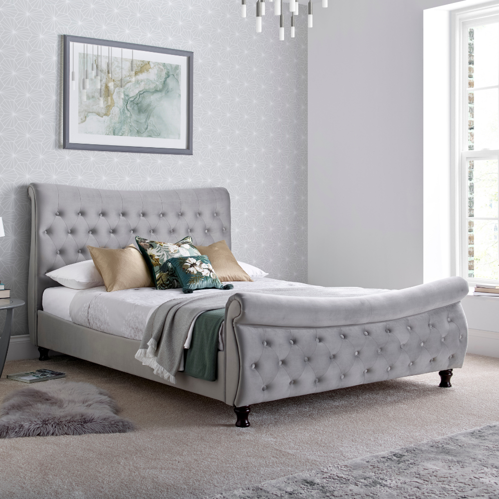Oxford Grey Velvet Chesterfield Sleigh Bed