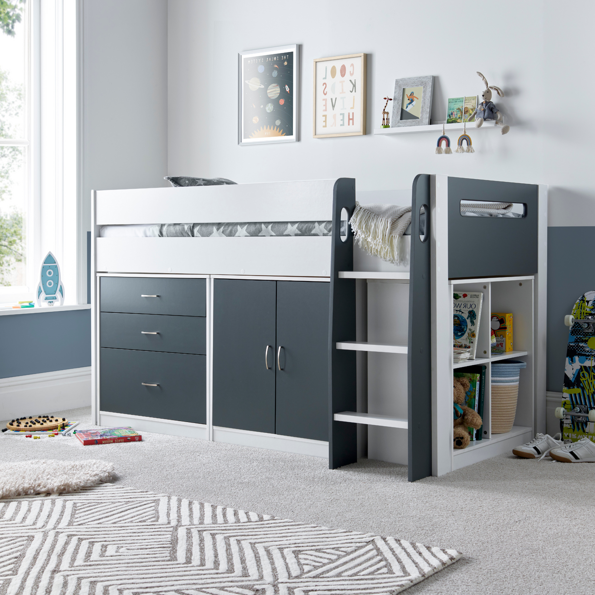 Lacy Grey and White Storage Mid Sleeper