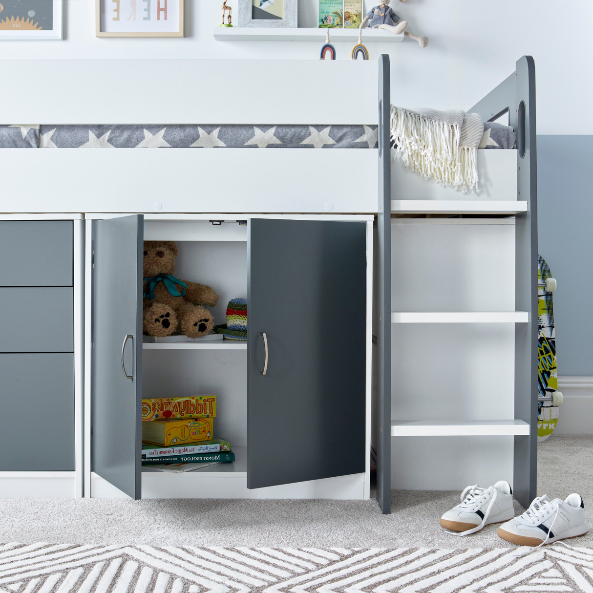 Lacy Grey and White Storage Mid Sleeper