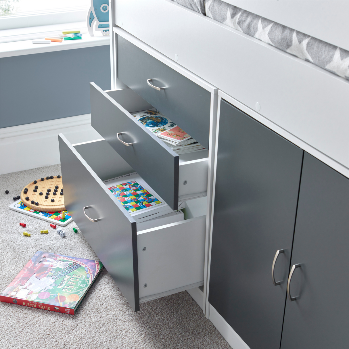 Lacy Grey and White Storage Mid Sleeper