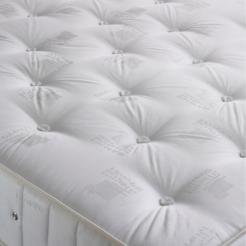 Close-up of a tufted mattress with decorative stitching.