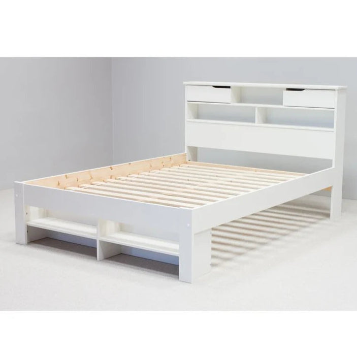 White wooden bed frame with storage drawers on a plain background