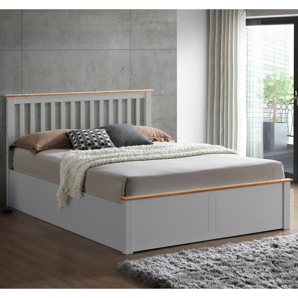 Grey bed with wooden accents in a modern bedroom setting