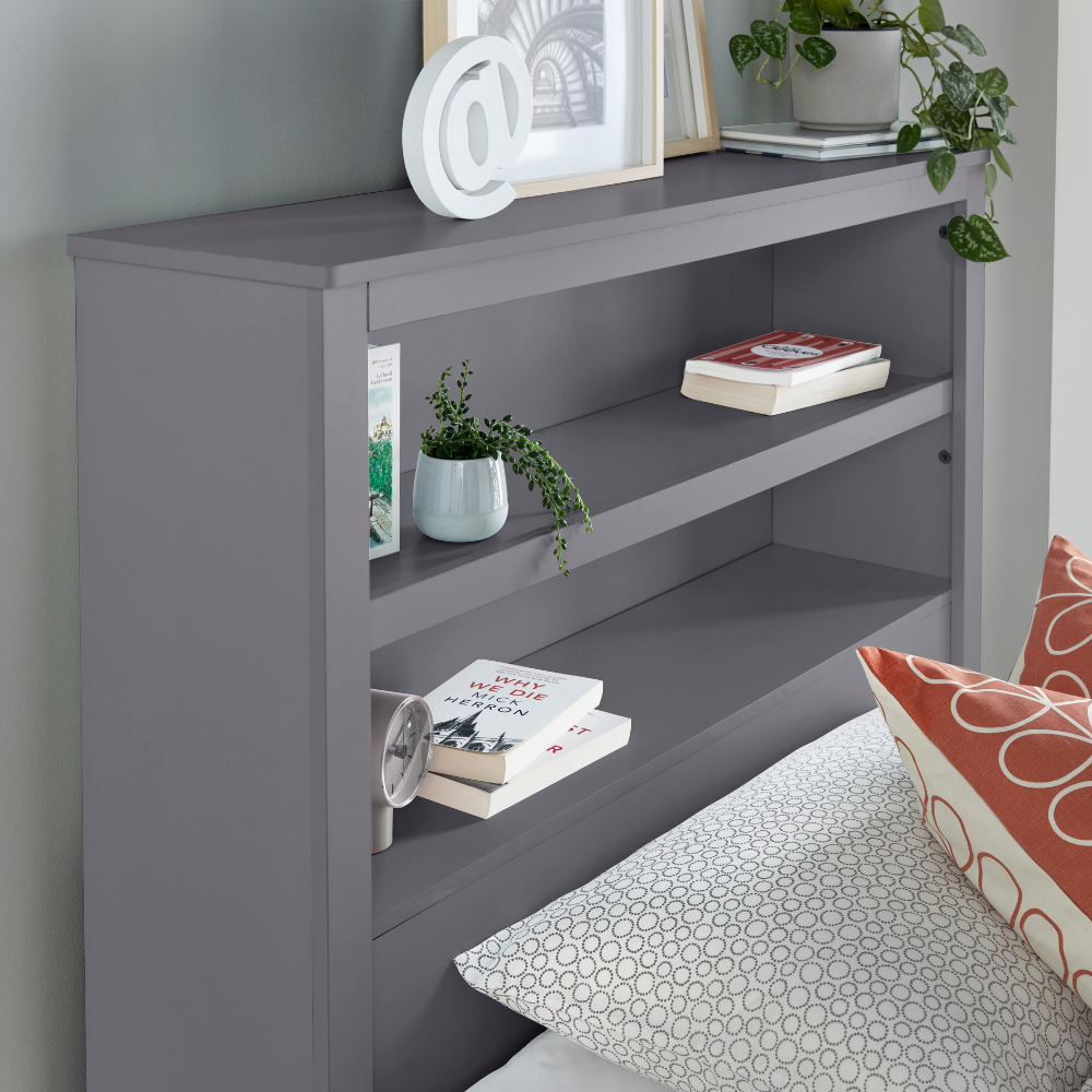 Grey bookshelf with books and plants against a neutral wall.