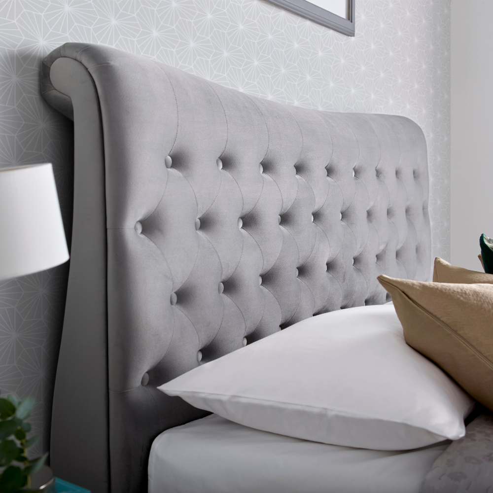 Oxford Grey Velvet Chesterfield Sleigh Bed