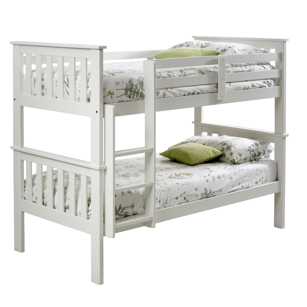 White wooden bunk bed with floral bedding and green pillows on a white background