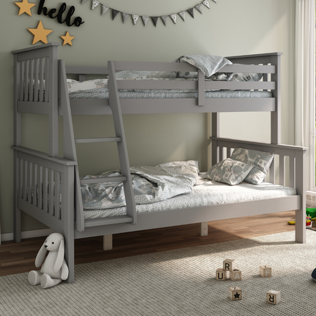 A grey bunk bed in a childs bedroom with a green painted wall. 