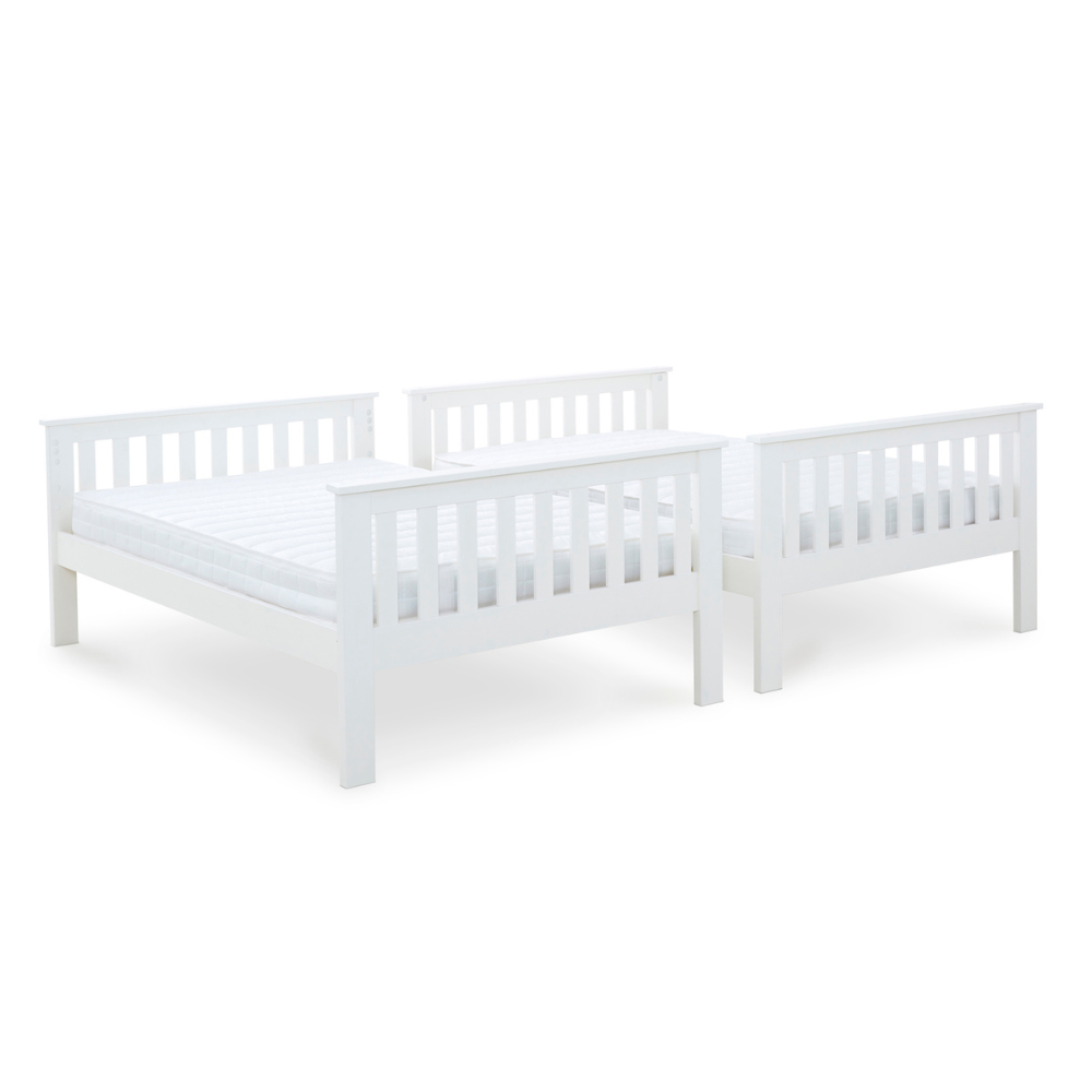 Two white wooden bed frames on a white background